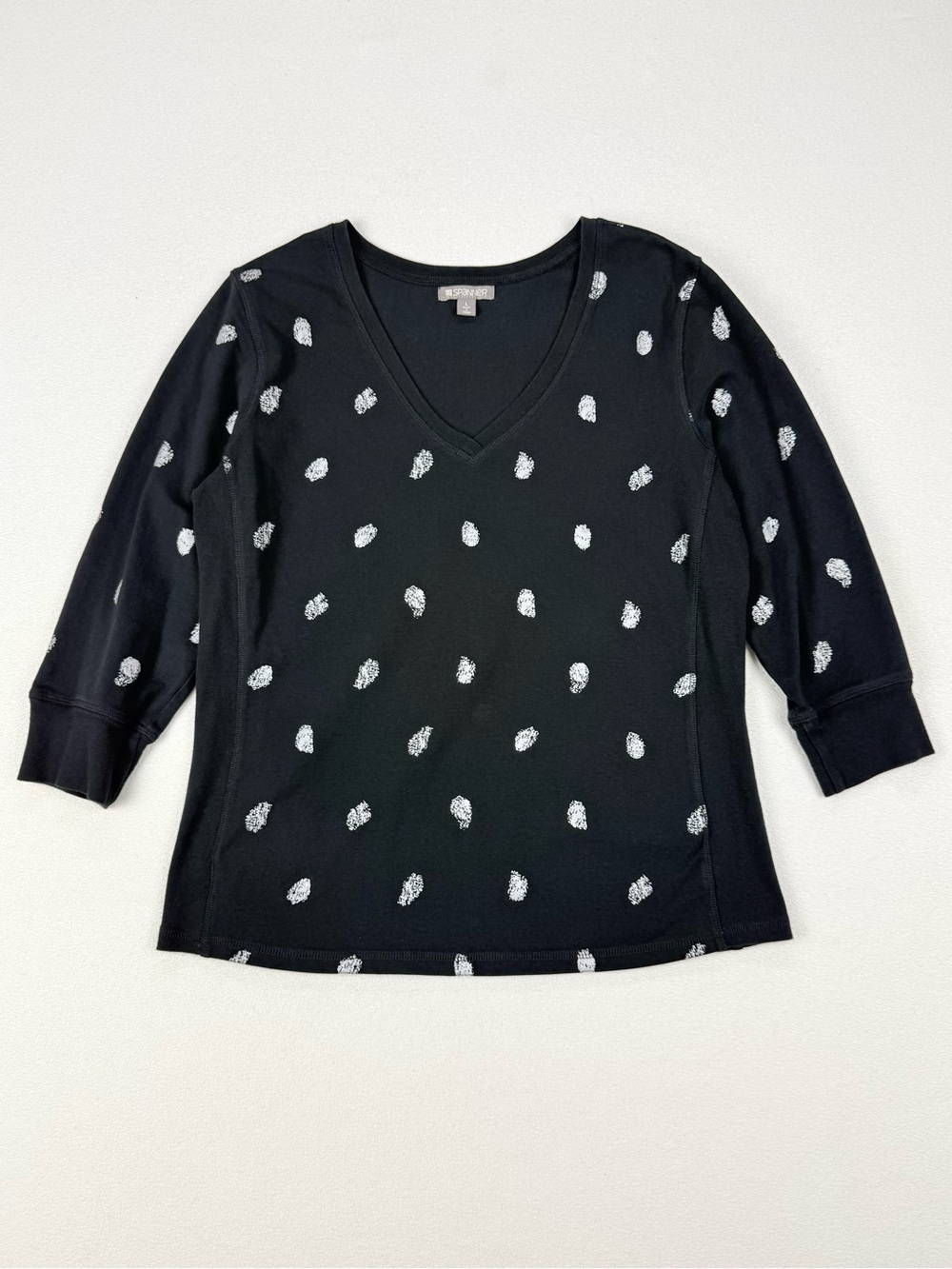 Spanner Black Polka Dot Sweatshirt V Neck 3/4 Sleeve Casual Pullover Size Large